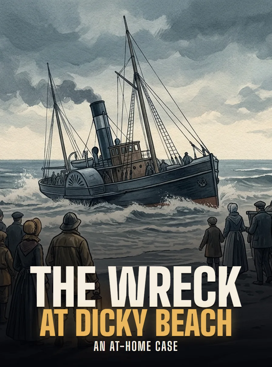 Poster for The Wreck at Dicky Beach: a painted steamship driven ashore in heavy surf, with people in 1890s clothes watching from the sand.