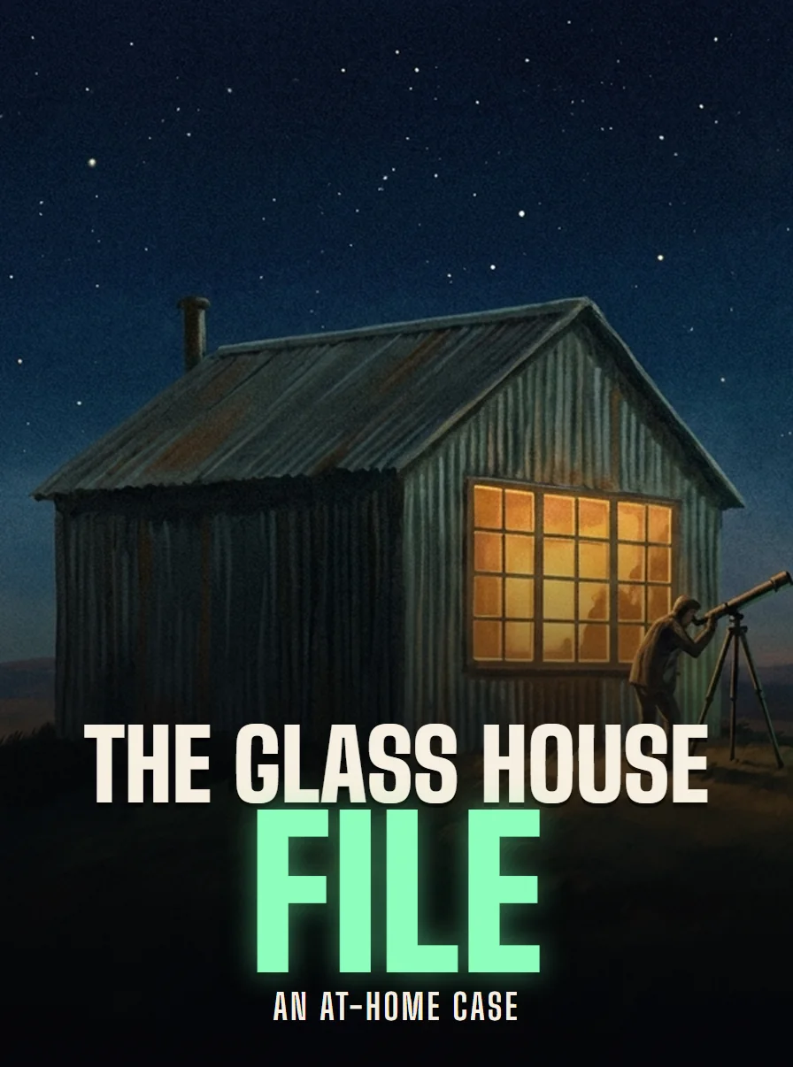Poster for The Glass House File: a tin hut on a hill under a starry sky, a telescope outside and a small green light in the grass.