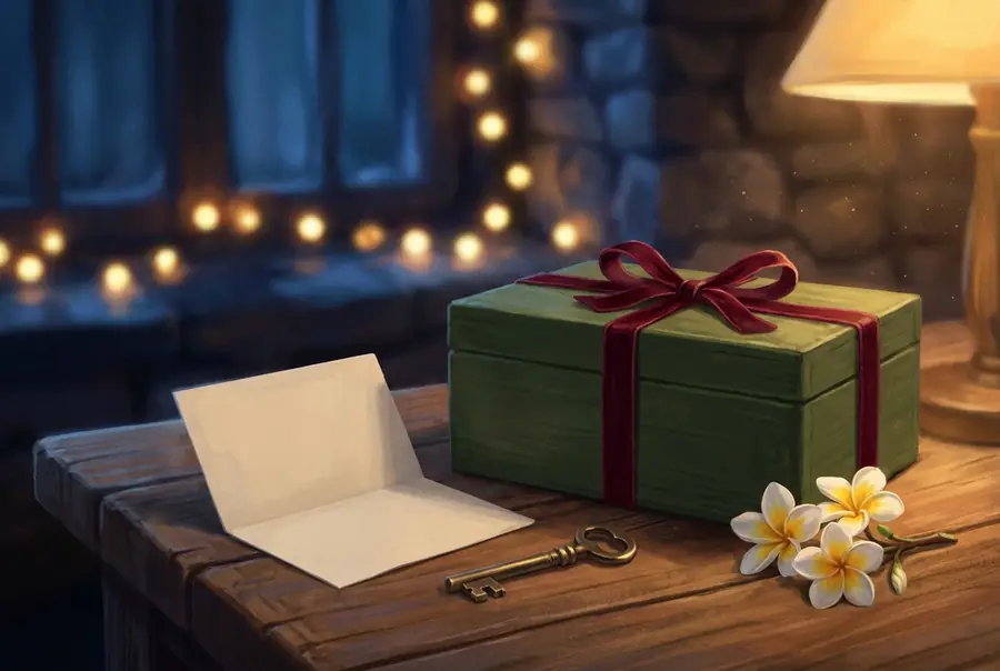 A plain green box tied with a red ribbon on a timber table beside a blank card and a brass key.