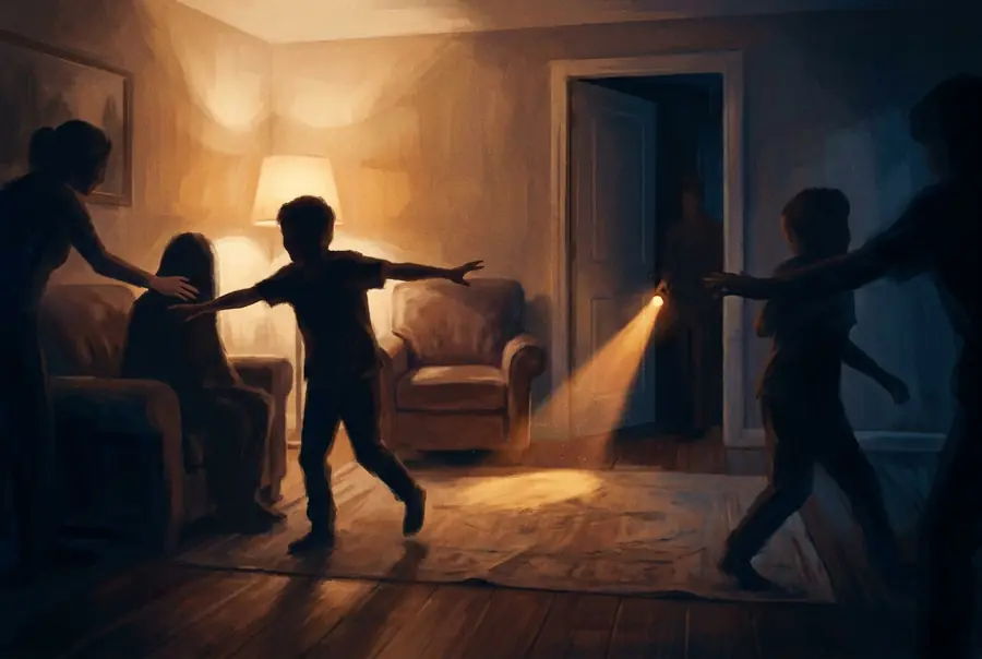 Friends frozen mid-step as silhouettes in a dark lounge room, one hand reaching for a shoulder, a thin beam of torchlight across the floor.
