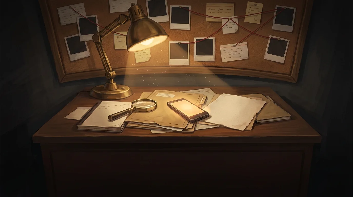 A detective's desk under a brass lamp: case files, a magnifying glass, a glowing phone and a pinboard of clues.