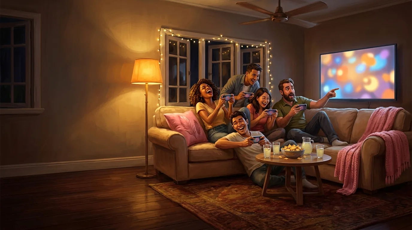Friends on a couch at night, laughing at a game on the TV, each holding a phone.