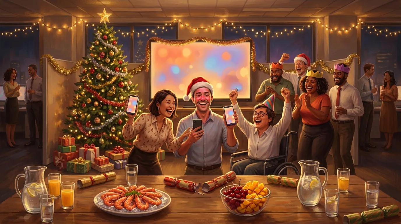 An office Christmas party: colleagues in Santa hats and paper crowns cheering at their phones beside a lit tree, with prawns, cherries and bonbons on the table.
