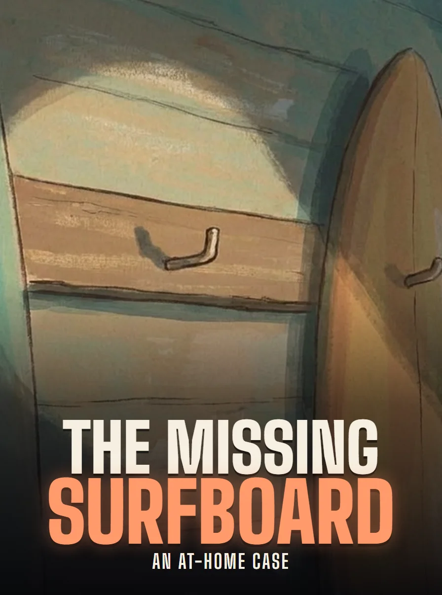 Poster for The Missing Surfboard: an empty hook on the wall of an old surf shed, lit by the first light of morning.