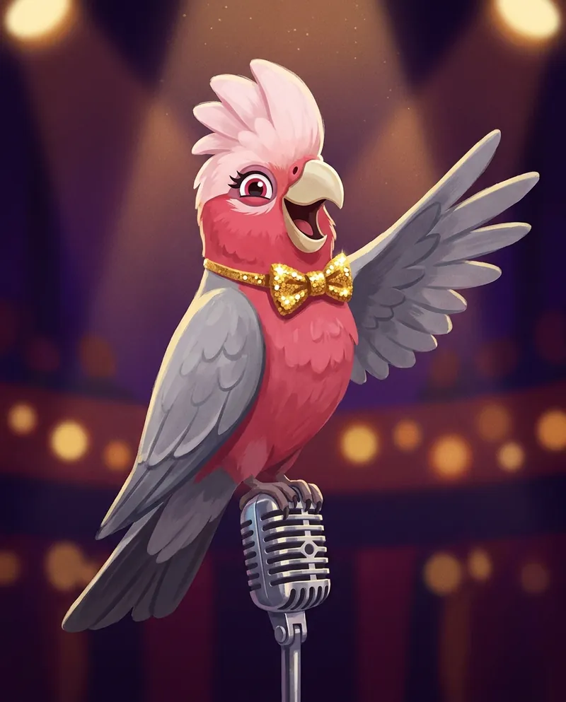 Gail the Galah, a pink and grey galah in a gold sequinned bow tie, perched on a microphone under stage lights with one wing up.