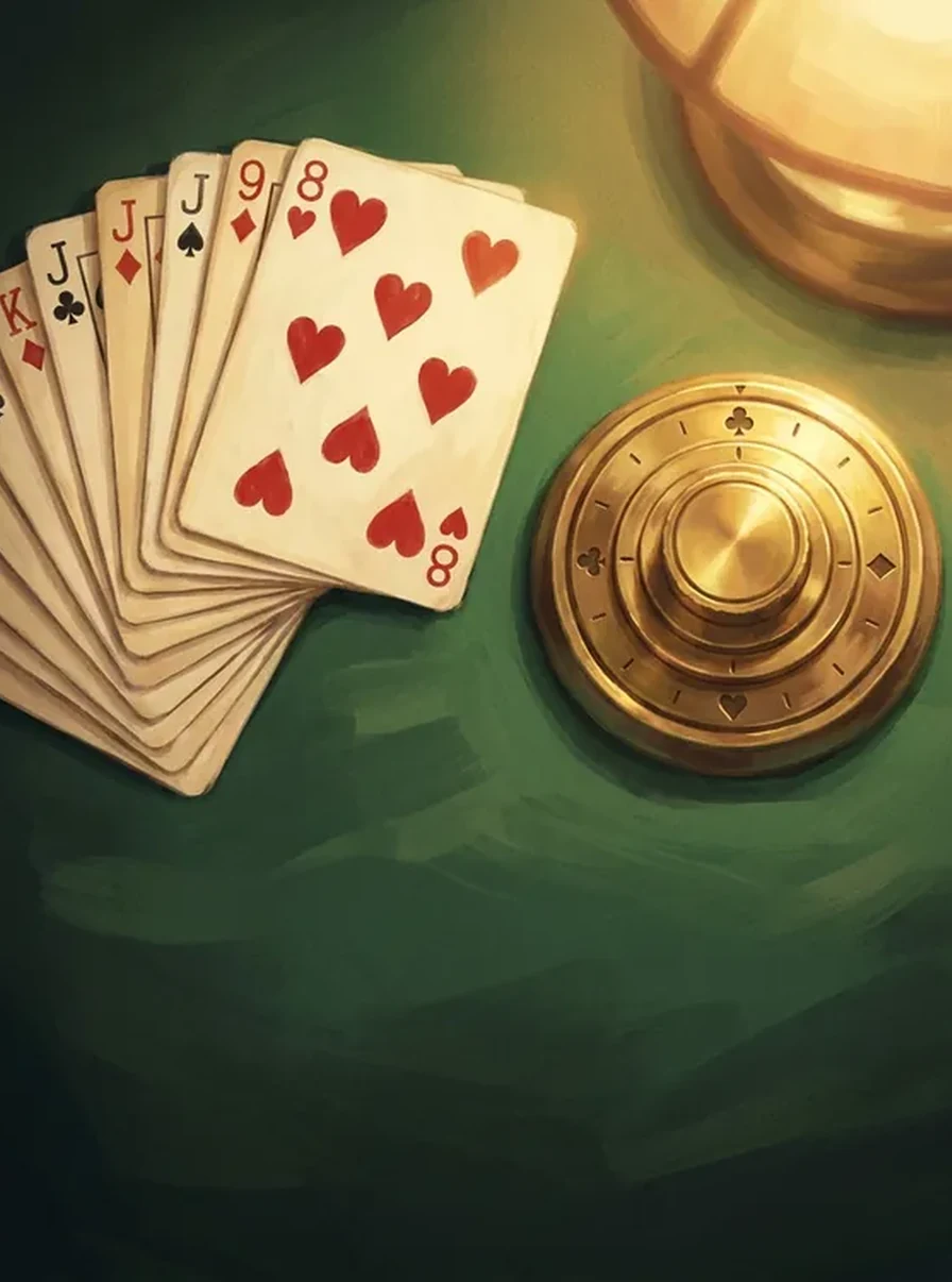 Painted poster for Crazy Eights: a fan of playing cards on green baize with the eight of hearts on top, beside a brass lock dial under a lamp.