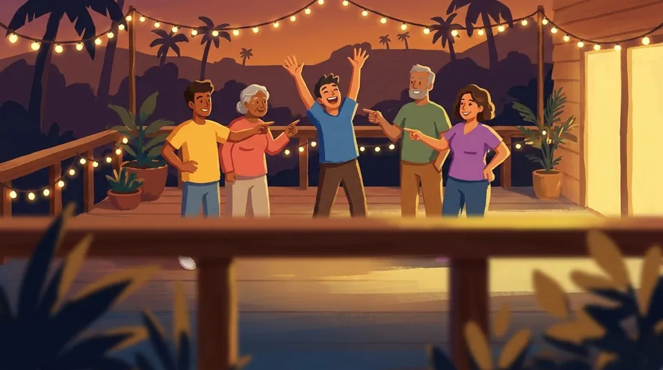 Five friends of all ages on a deck under string lights at dusk, laughing and pointing at one of them, who throws his arms in the air.