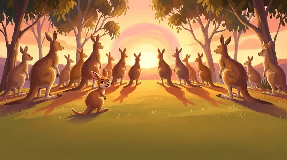 A mob of kangaroos standing in a circle in a grassy clearing at sunrise, with one small kangaroo grinning in the middle.