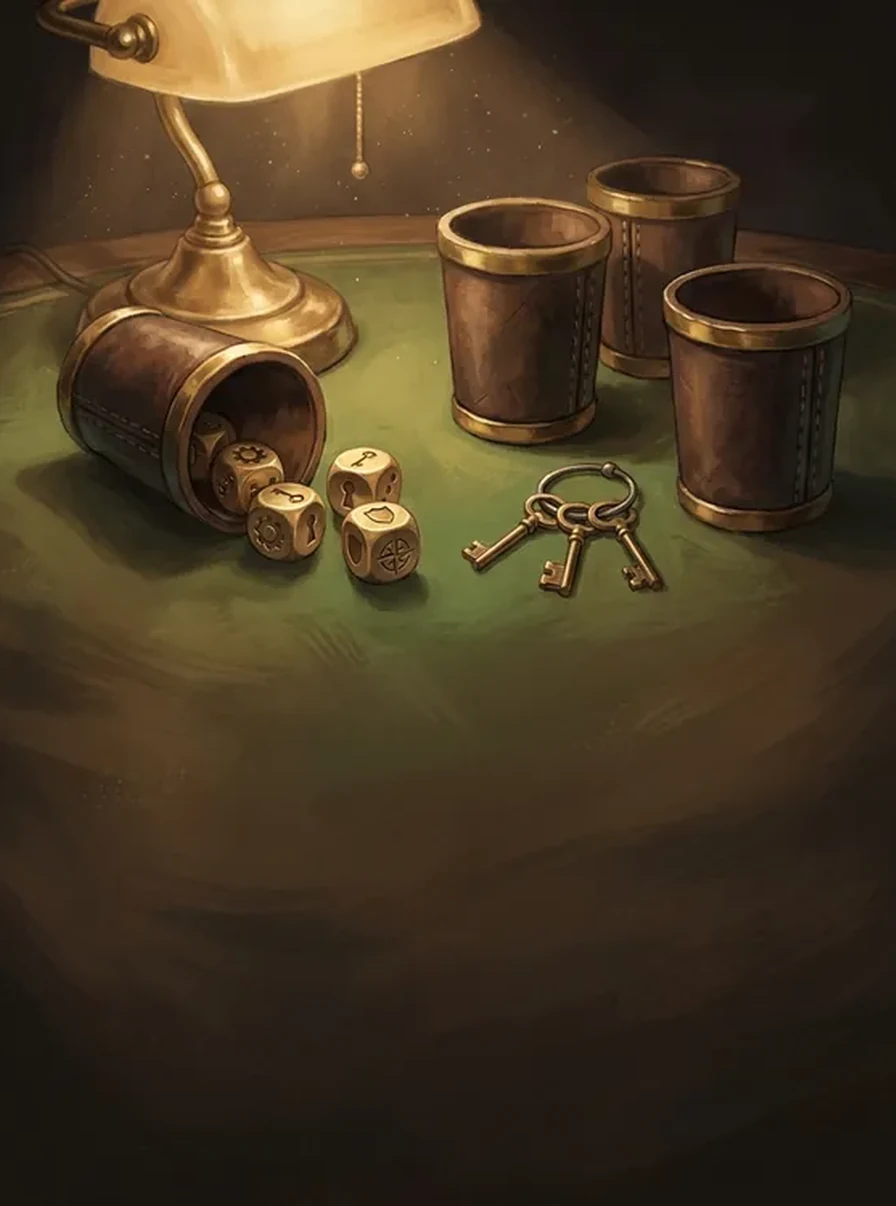 Painted poster for Liar's Dice: three leather dice cups and a spilled cup of brass dice on green baize beside a ring of keys, under a banker's lamp.