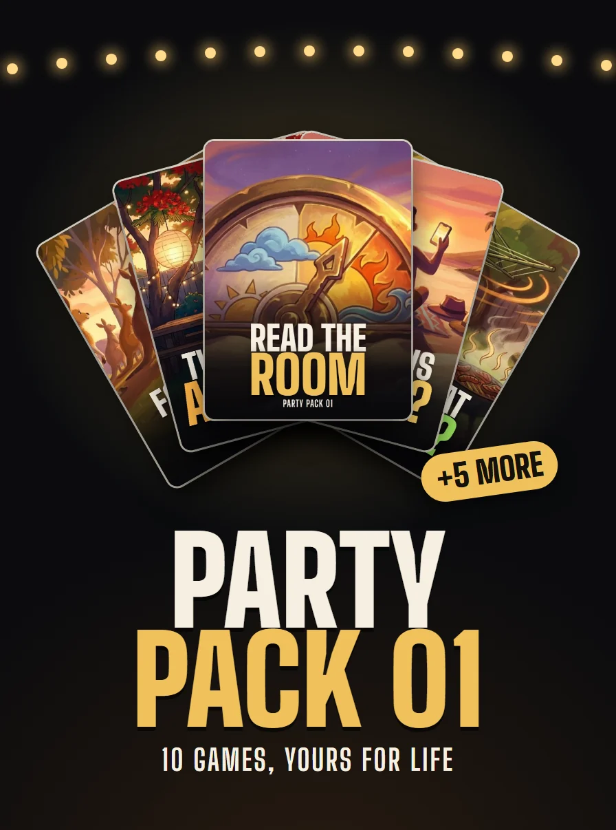 Poster for Party Pack 01: a hand of five party game cards, titled Party Pack 01, 10 games, yours for life.