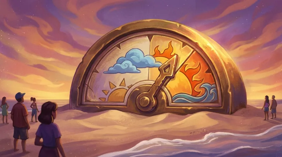 A giant brass dial half buried in the sand at sunset, its needle pointing between a cloud, a sun and a flame, while people on the beach look up at it.