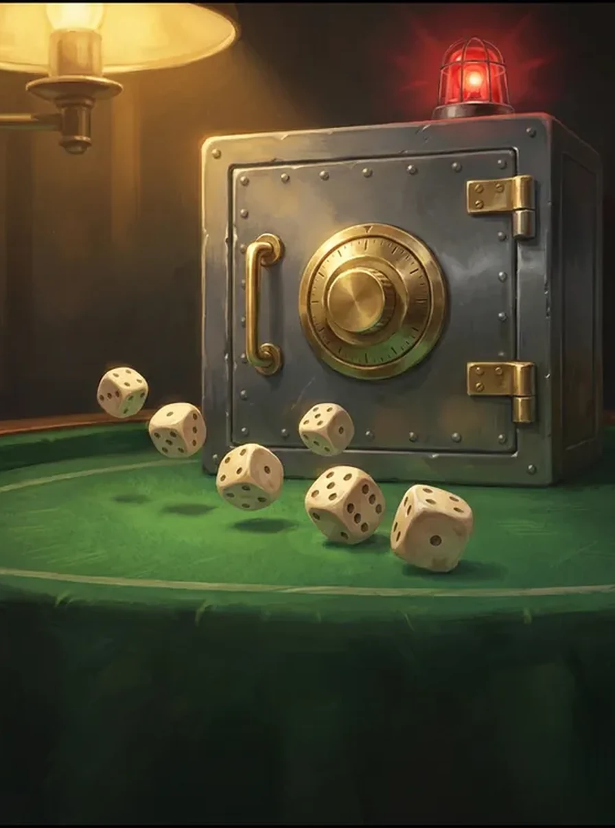 Painted poster for The Vault: six ivory dice tumbling across green baize towards a steel safe with a brass dial and a red alarm lamp on top.