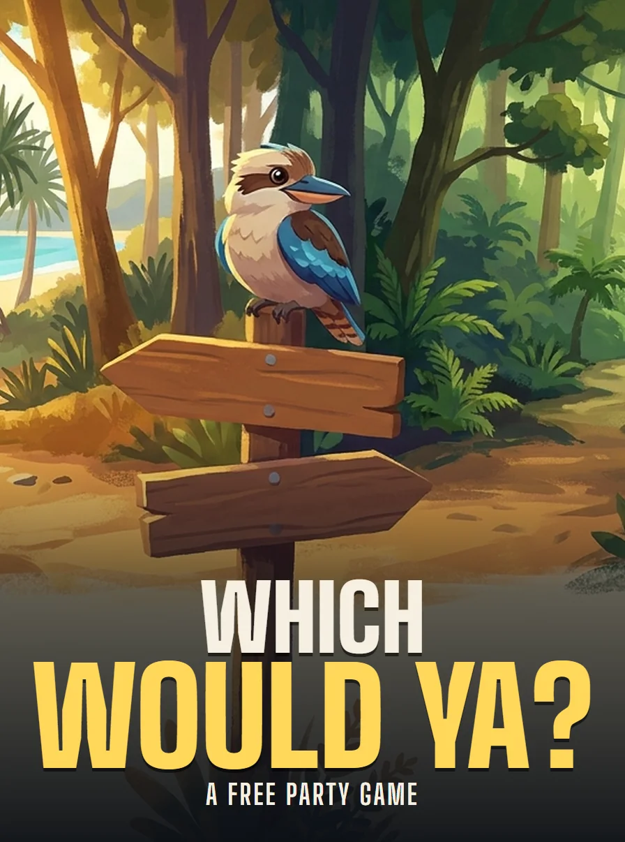 Poster for Which Would Ya?: a kookaburra on a wooden signpost pointing two ways, in a sunny rainforest by the beach.