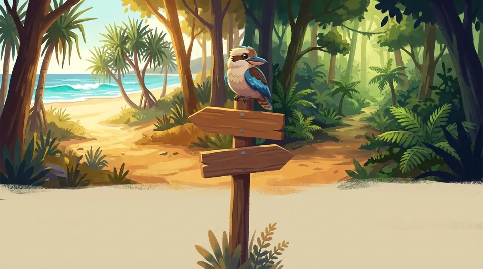 A kookaburra perched on a wooden signpost with two arrows, where a sandy path to a sunny beach meets a path into a green rainforest.