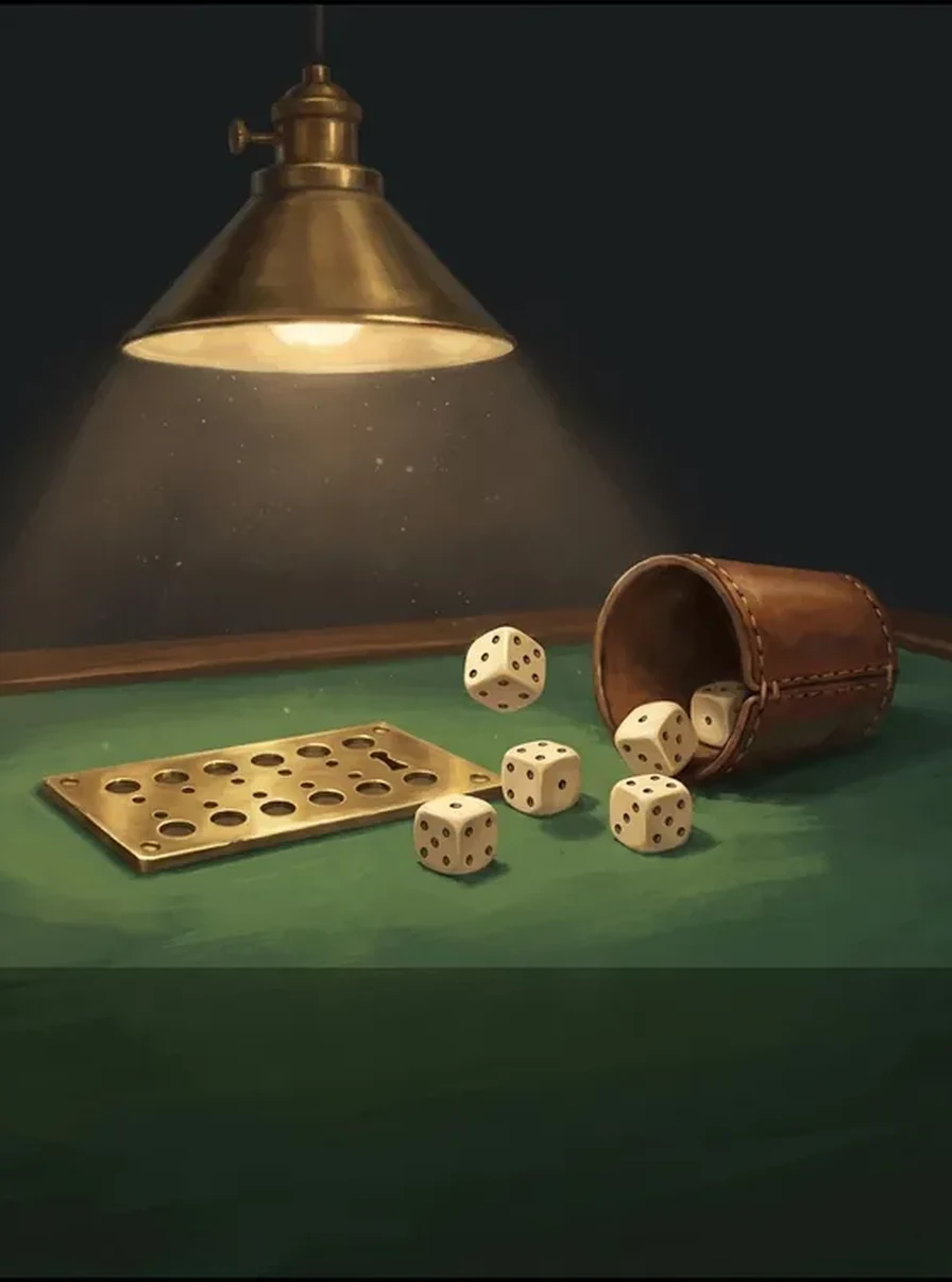 Painted poster for Yacht: five ivory dice and a spilled leather cup on green baize beside a brass scoring plate, lit by a single hanging lamp.