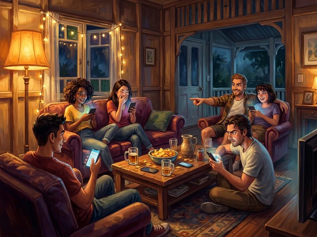 Friends at a party in a lounge room at night, each lit by their own phone, one pointing across the room with a grin.
