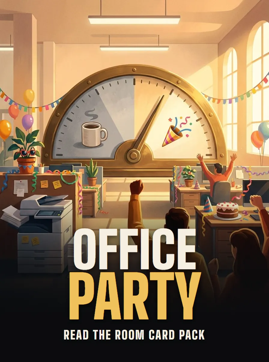 Poster for Office Party, a Read the Room card pack: the brass dial in an office party, between a coffee mug and a party popper.