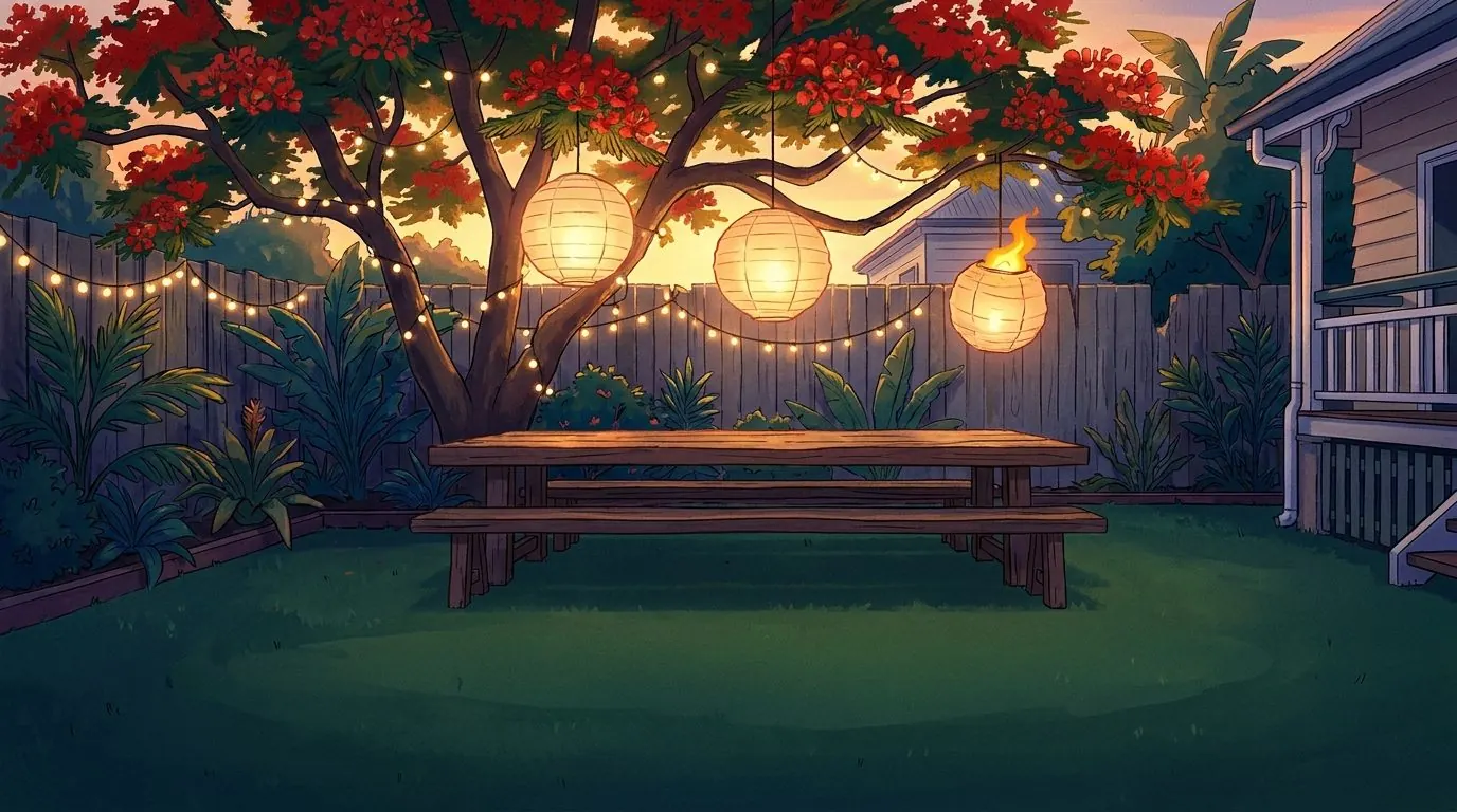 A backyard at dusk with paper lanterns and fairy lights in a flowering poinciana tree above an empty picnic table.